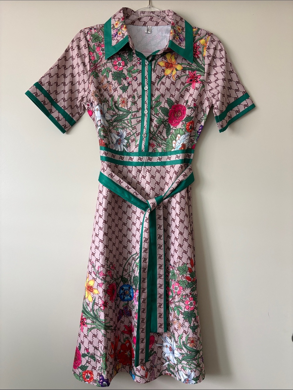 Vintage Beautiful Unique Floral Pink Midi Dress with Green Trim